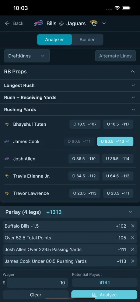 Bettorly Analyzer mode showing bet props and parlay builder