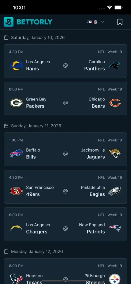 Bettorly game list showing upcoming matchups